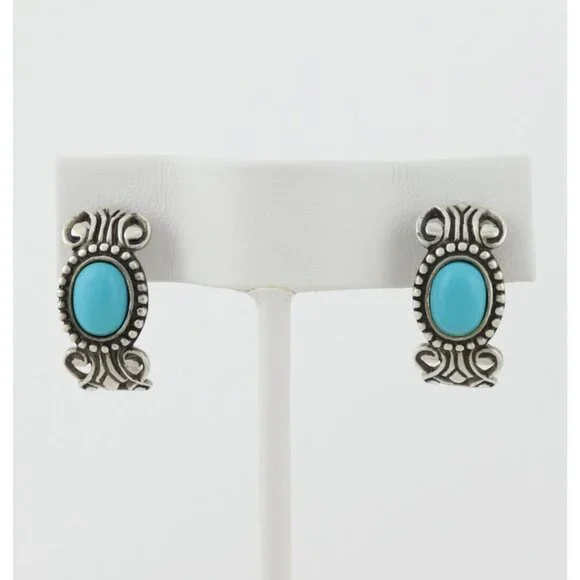 Sterling Silver Blue Turquoise Half Hoop Earrings Avon 3/4" x 3/8" - Picture 1 of 8